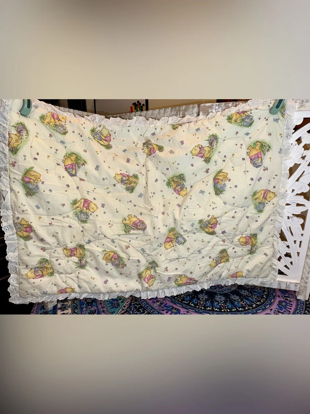 Disney Winnie the Pooh Cream Throw with Pastel Accents and Lace Trim